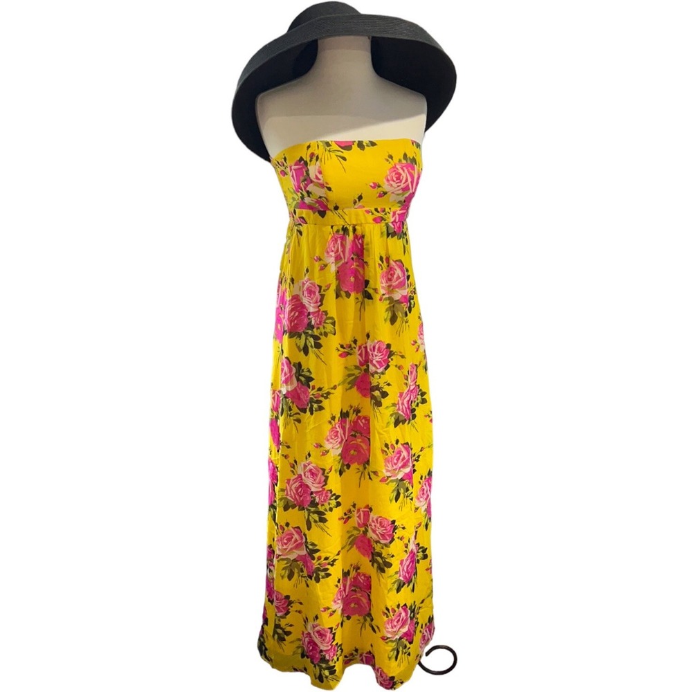Vtg Betsey Johnson Silk Strapless Maxi Dress Yellow Rose Floral Coquette Sz 2 - Picture 10 of 16
